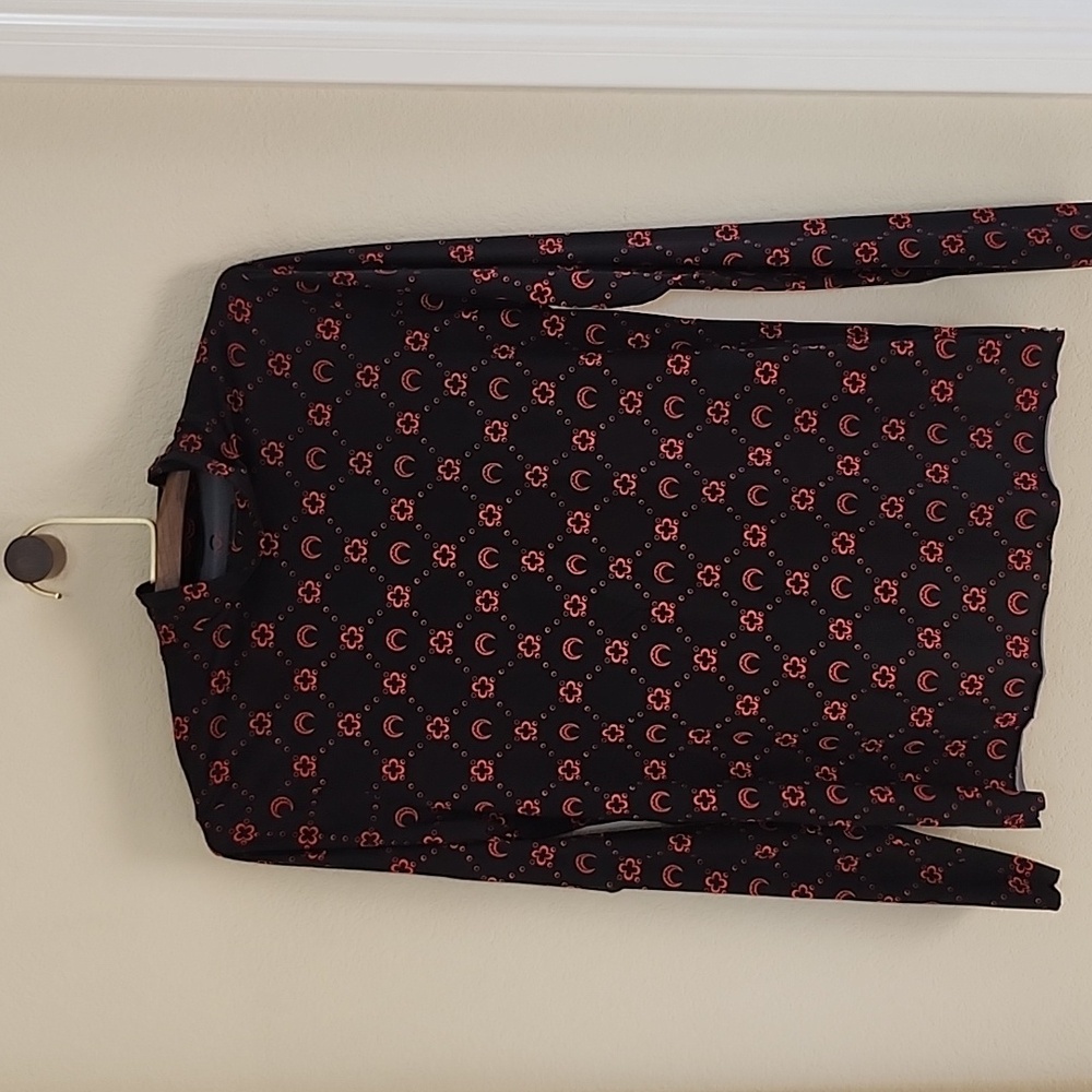 Marine Serre Black Red Moon & Clover Mock Neck Long Sleeve Mesh Shirt